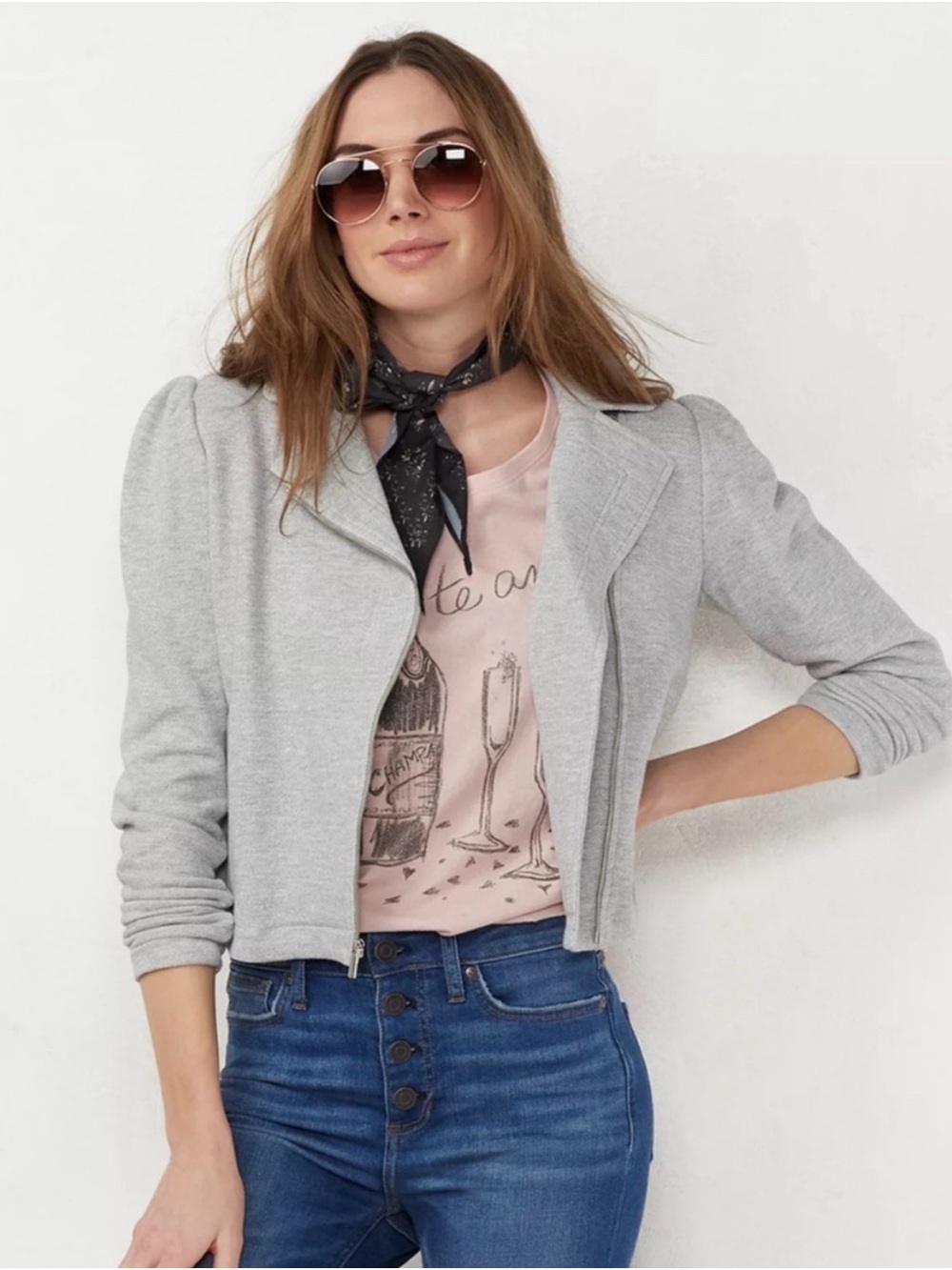 LC Lauren Conrad Light Gray Cropped Puff-Shoulder Blazer